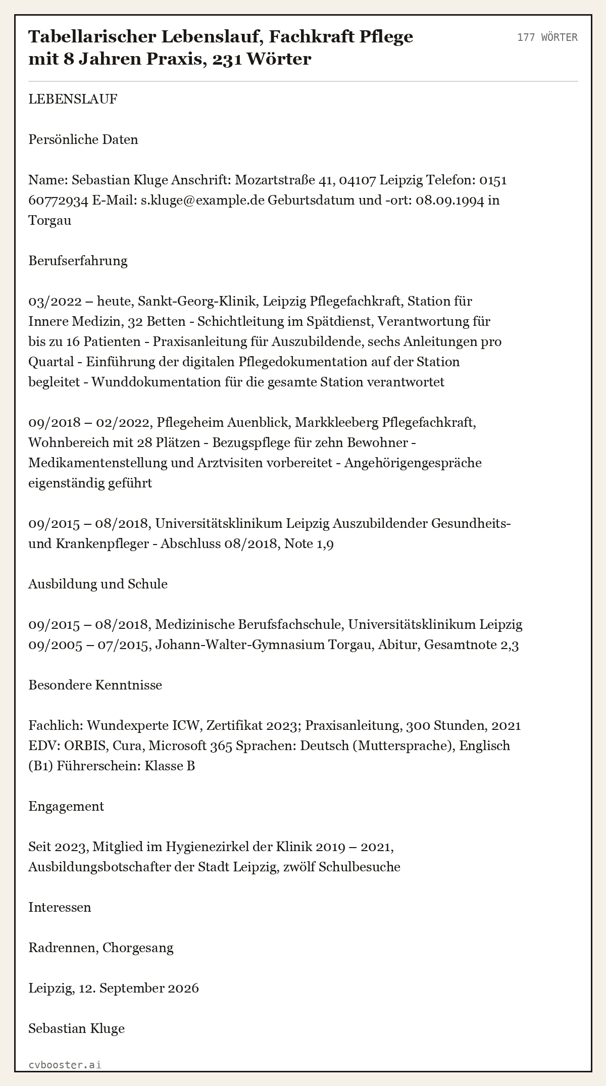 Ausgearbeitetes Beispiel: Tabellarischer Lebenslauf, Fachkraft Pflege mit 8 Jahren Praxis, 231 Wörter, 177 Wörter