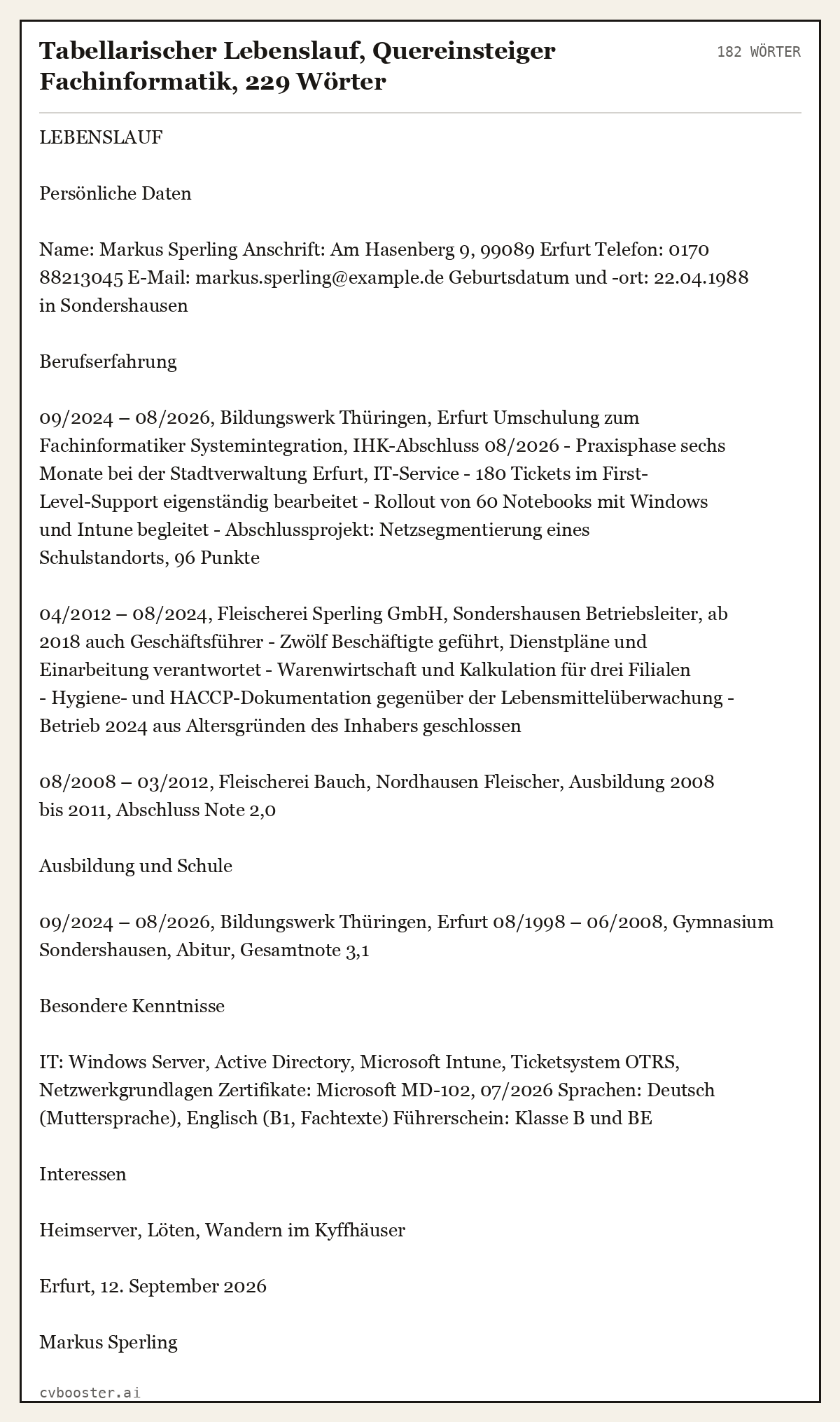 Ausgearbeitetes Beispiel: Tabellarischer Lebenslauf, Quereinsteiger Fachinformatik, 229 Wörter, 182 Wörter