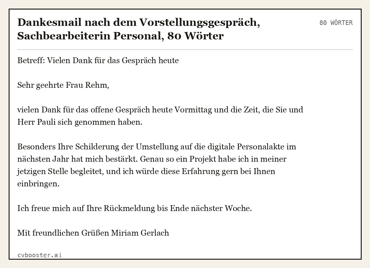 Ausgearbeitetes Beispiel: Dankesmail nach dem Vorstellungsgespräch, Sachbearbeiterin Personal, 80 Wörter