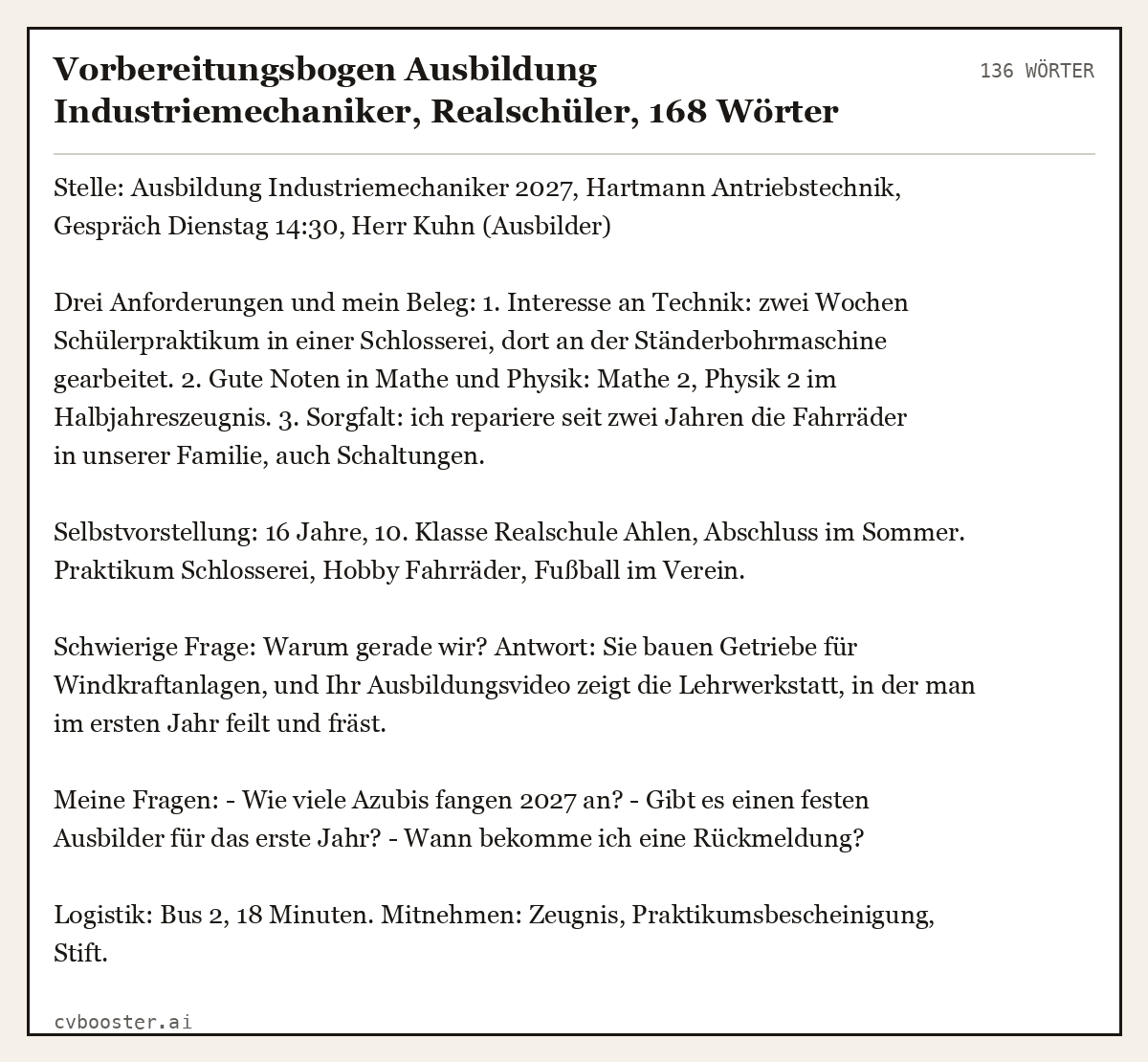 Ausgearbeitetes Beispiel: Vorbereitungsbogen Ausbildung Industriemechaniker, Realschüler, 136 Wörter