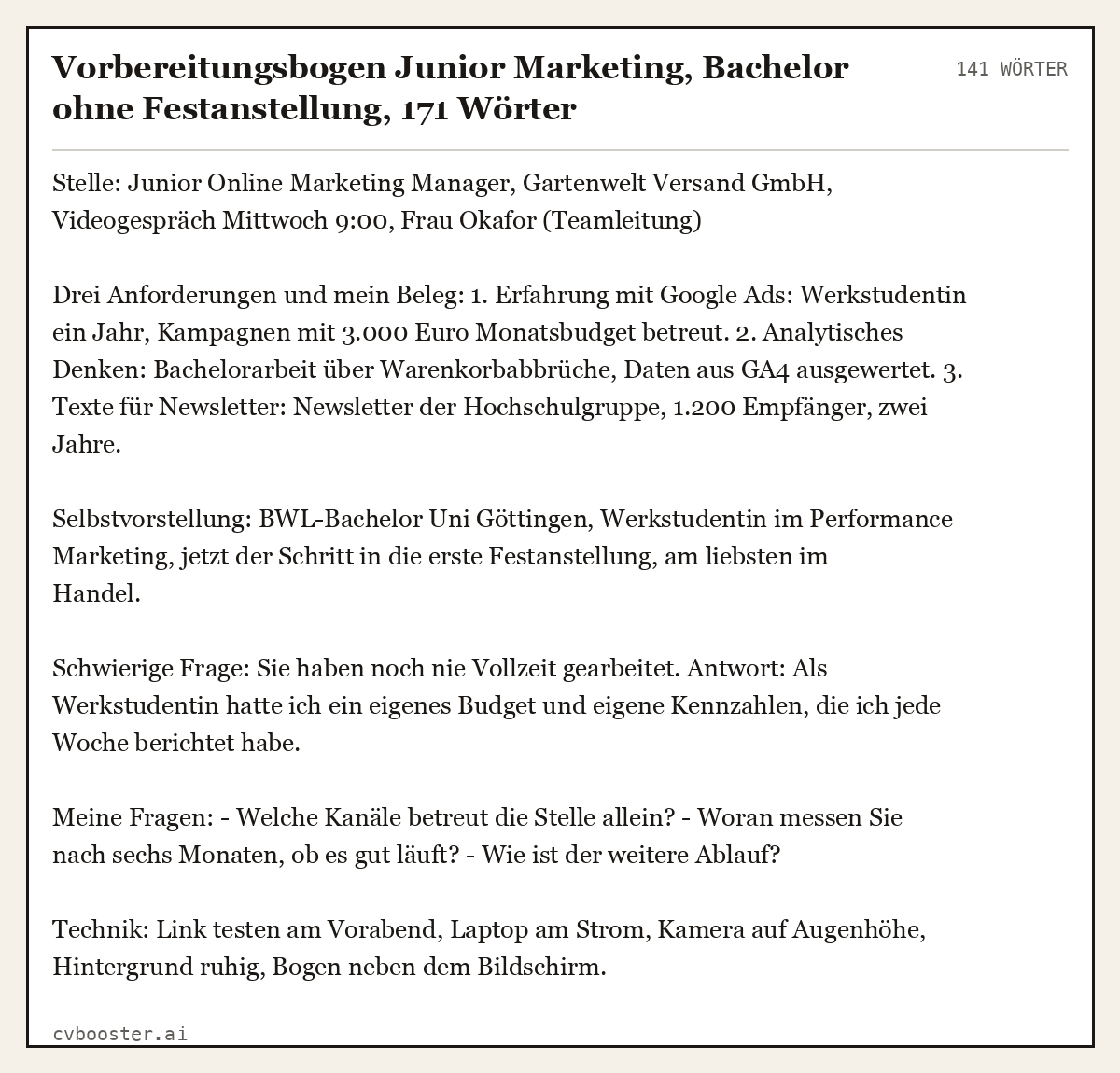 Ausgearbeitetes Beispiel: Vorbereitungsbogen Junior Marketing, Bachelor ohne Festanstellung, 141 Wörter