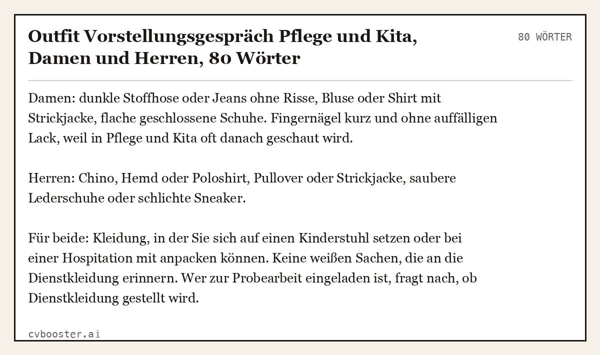 Ausgearbeitetes Beispiel: Outfit Vorstellungsgespräch Pflege und Kita, Damen und Herren, 80 Wörter
