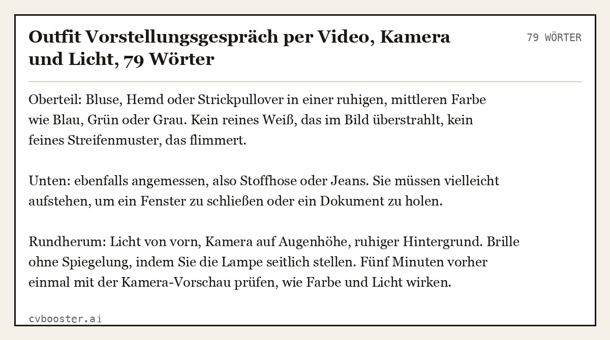 Ausgearbeitetes Beispiel: Outfit Vorstellungsgespräch per Video, Kamera und Licht, 79 Wörter