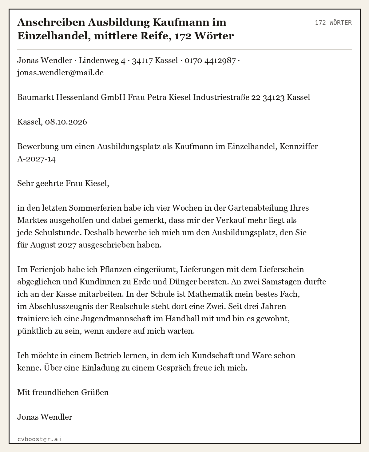 Ausgearbeitetes Beispiel: Anschreiben Ausbildung Kaufmann im Einzelhandel, mittlere Reife, 172 Wörter