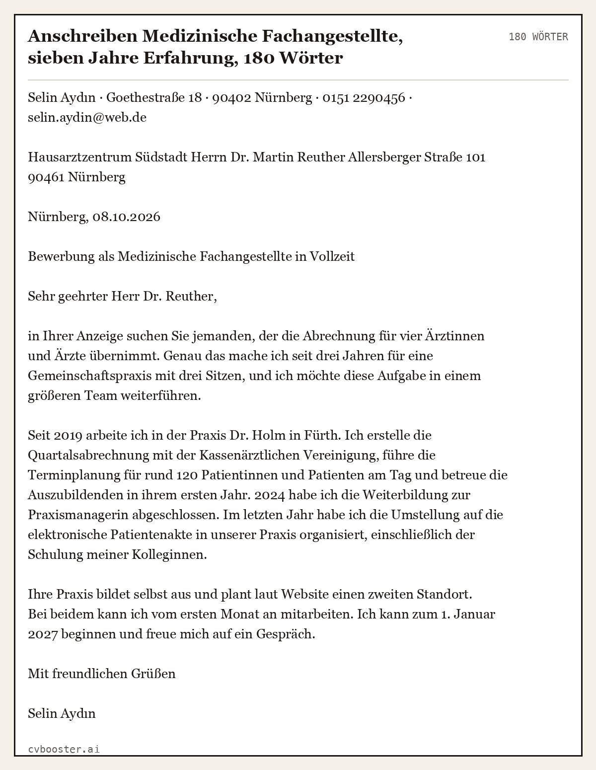 Ausgearbeitetes Beispiel: Anschreiben Medizinische Fachangestellte, sieben Jahre Erfahrung, 180 Wörter