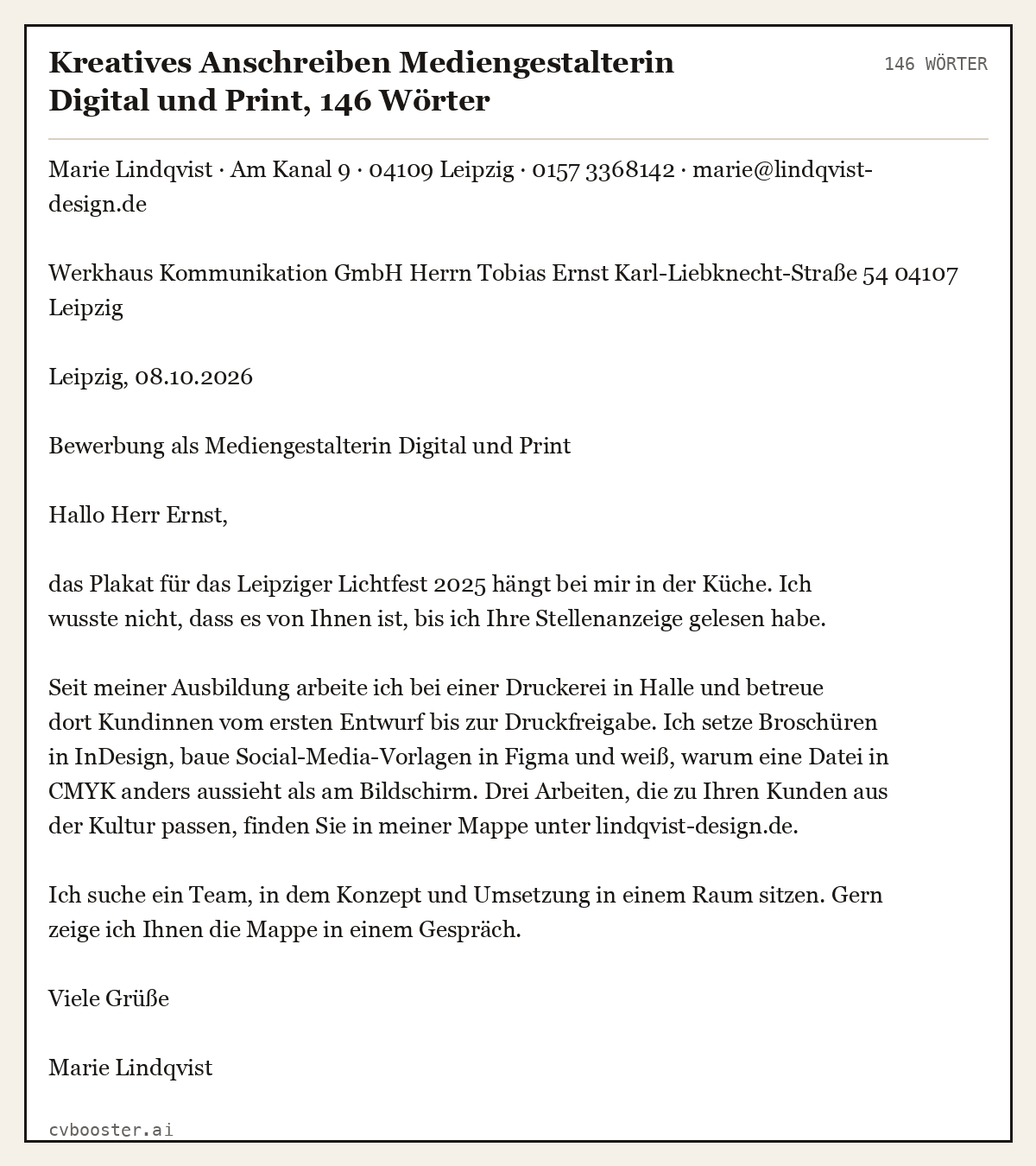 Ausgearbeitetes Beispiel: Kreatives Anschreiben Mediengestalterin Digital und Print, 146 Wörter