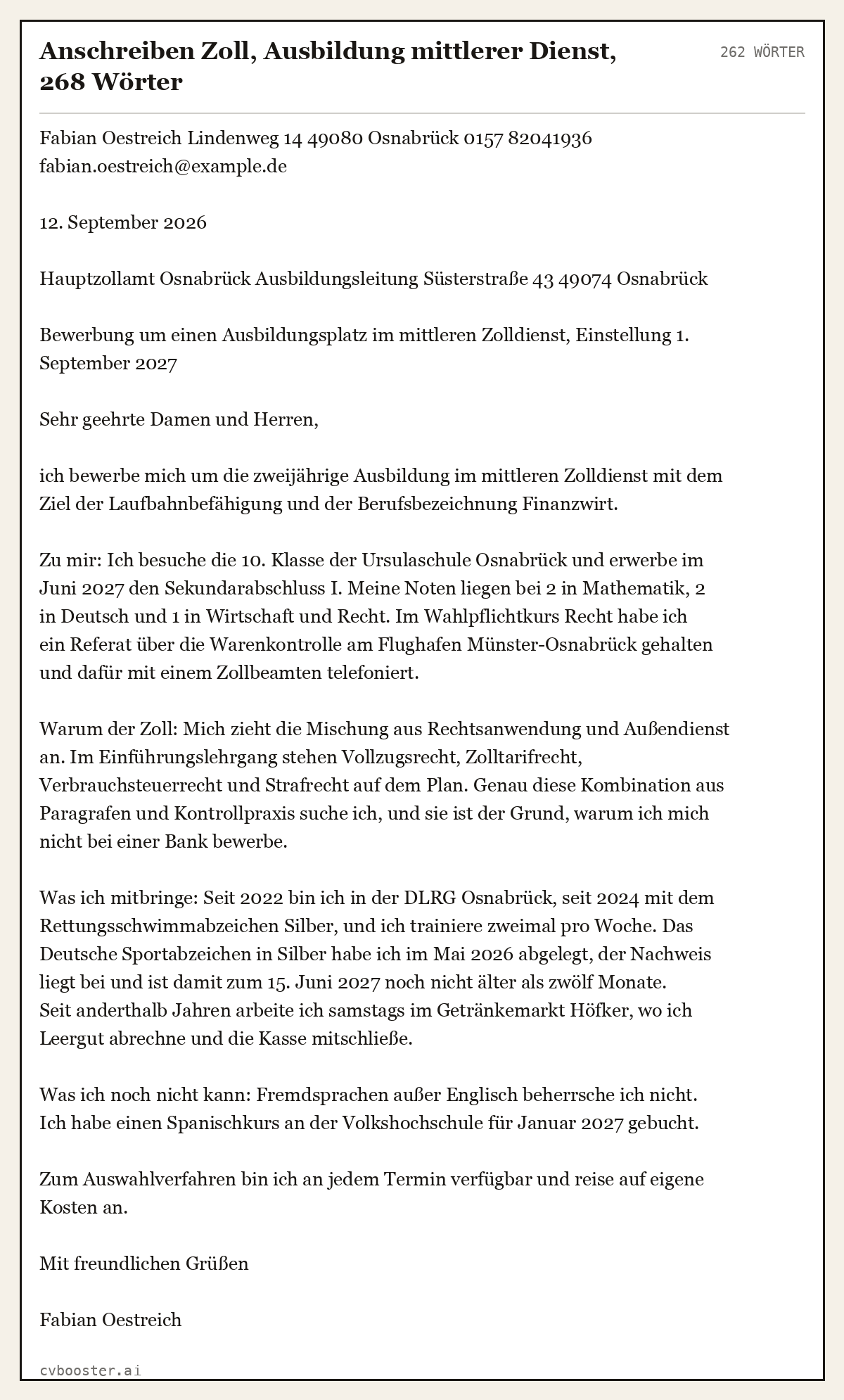 Ausgearbeitetes Beispiel: Anschreiben Zoll, Ausbildung mittlerer Dienst, 268 Wörter, 262 Wörter