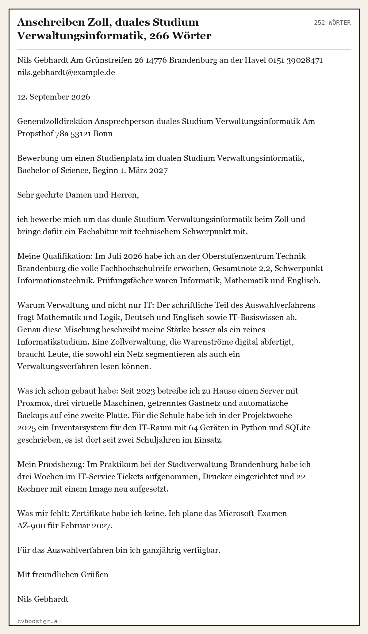 Ausgearbeitetes Beispiel: Anschreiben Zoll, duales Studium Verwaltungsinformatik, 266 Wörter, 252 Wörter