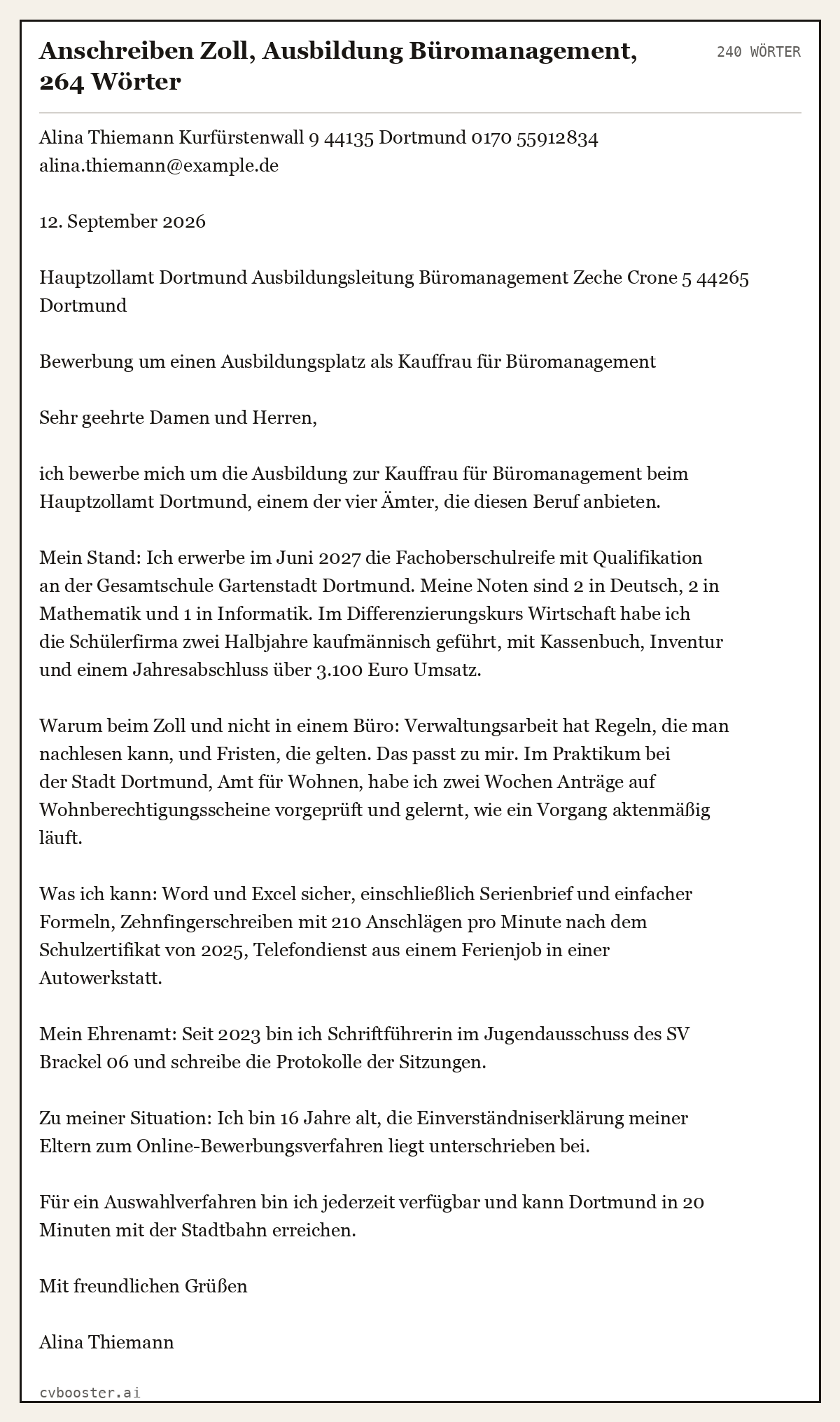 Ausgearbeitetes Beispiel: Anschreiben Zoll, Ausbildung Büromanagement, 264 Wörter, 240 Wörter