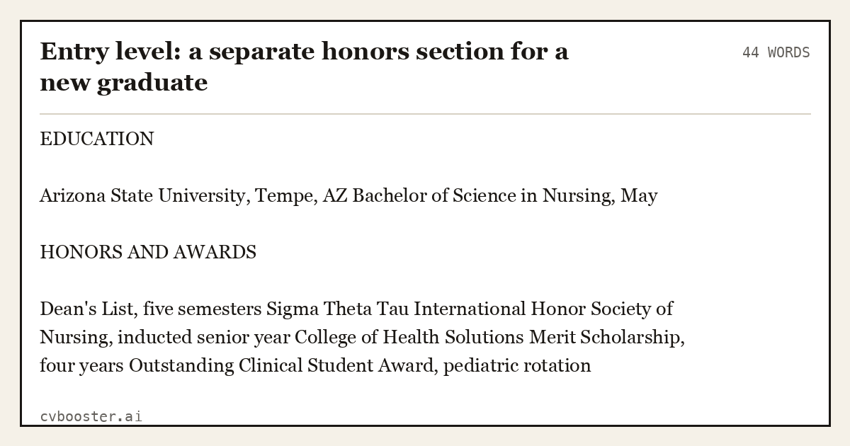 Complete Entry level: a separate honors section for a new graduate example, 44 words, laid out as it would sit in the application form