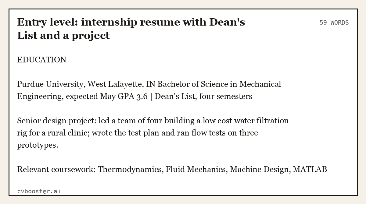 Complete Entry level: internship resume with Dean's List and a project example, 59 words, laid out as it would sit in the application form