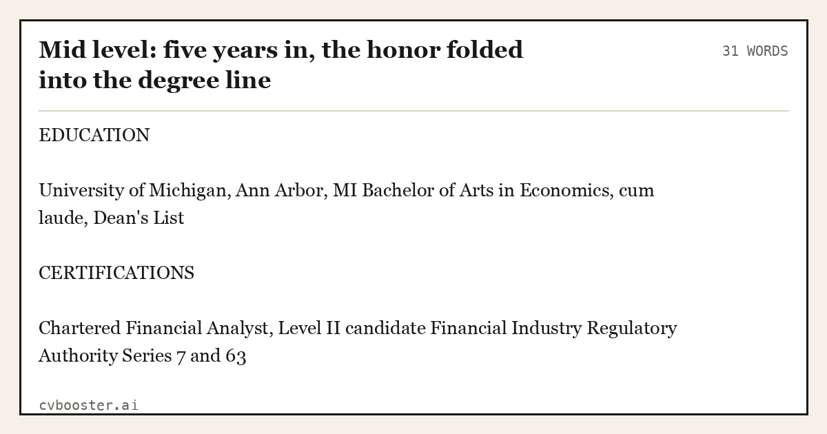 Complete Mid level: five years in, the honor folded into the degree line example, 31 words, laid out as it would sit in the application form