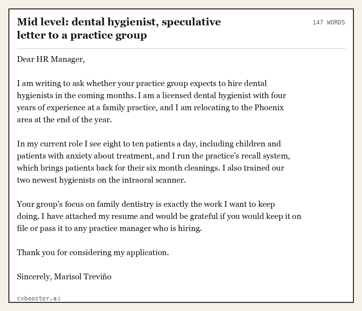 Complete Mid level: dental hygienist, speculative letter to a practice group example, 147 words, laid out as it would sit in the application form