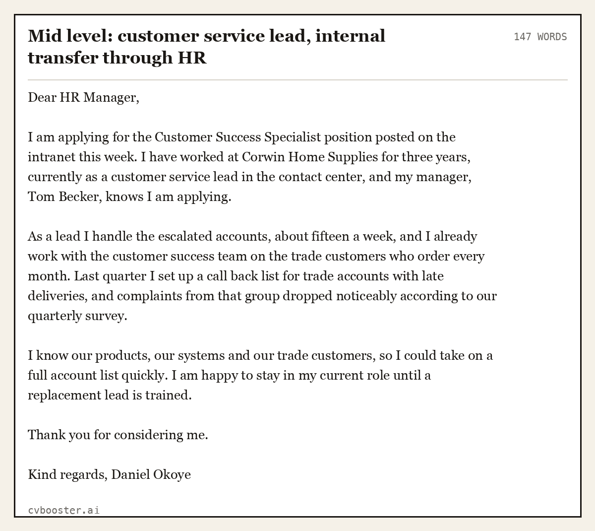 Complete Mid level: customer service lead, internal transfer through HR example, 147 words, laid out as it would sit in the application form