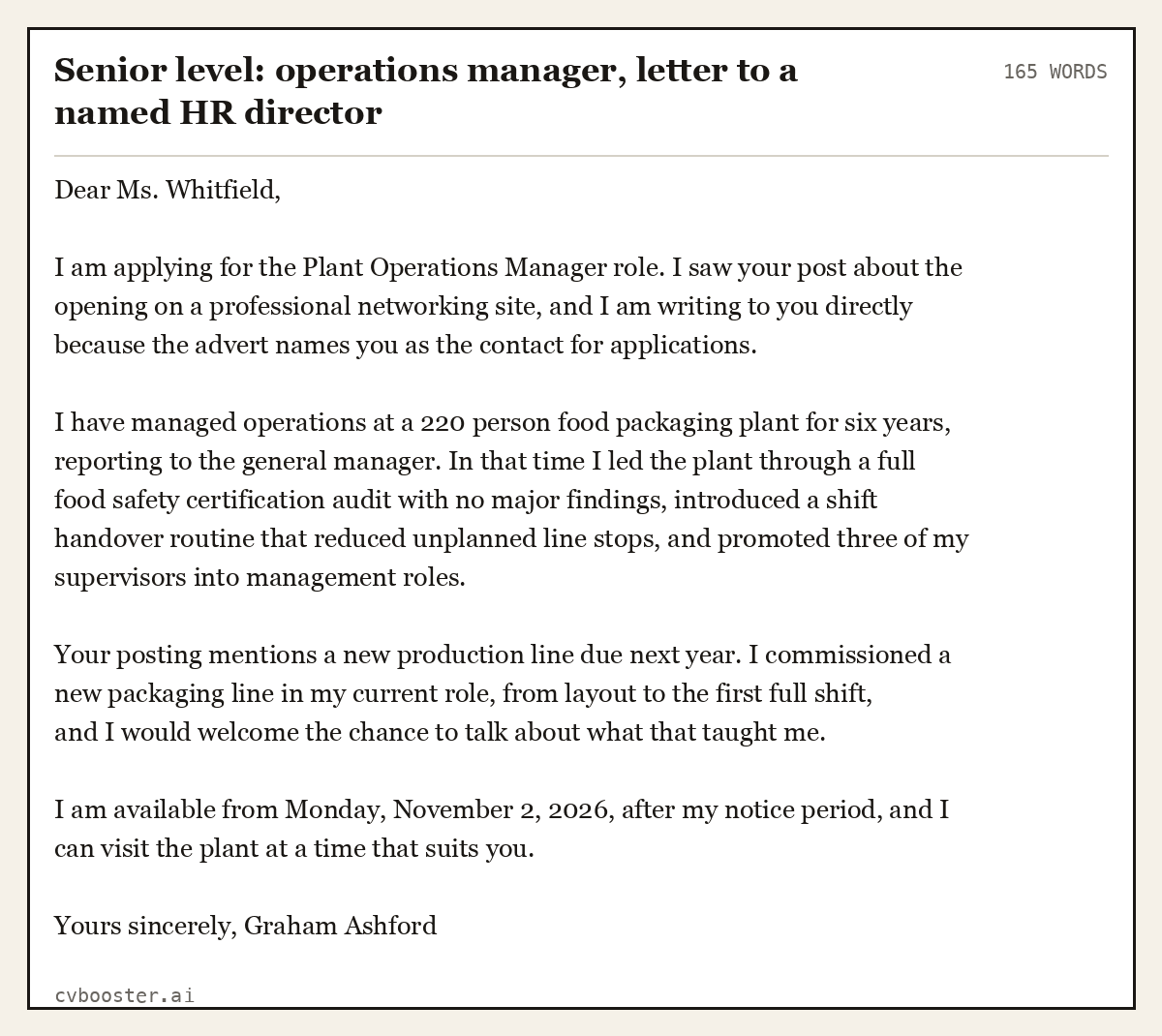 Complete Senior level: operations manager, letter to a named HR director example, 165 words, laid out as it would sit in the application form