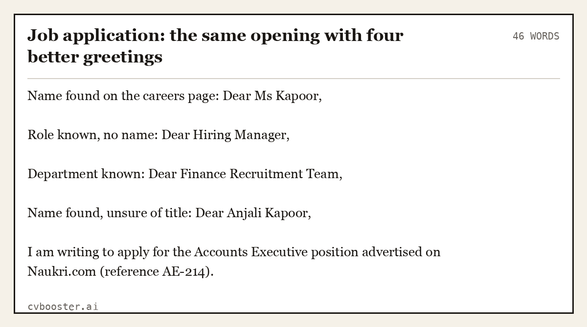 Job application: the same opening with four better greetings, complete example, 46 words