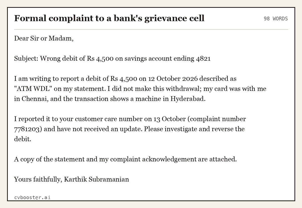 Complete Formal complaint to a bank's grievance cell example, 98 words, laid out as it would sit in the application form