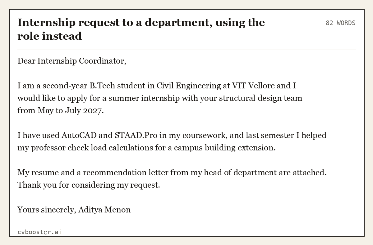 Internship request to a department, using the role instead, complete example, 82 words