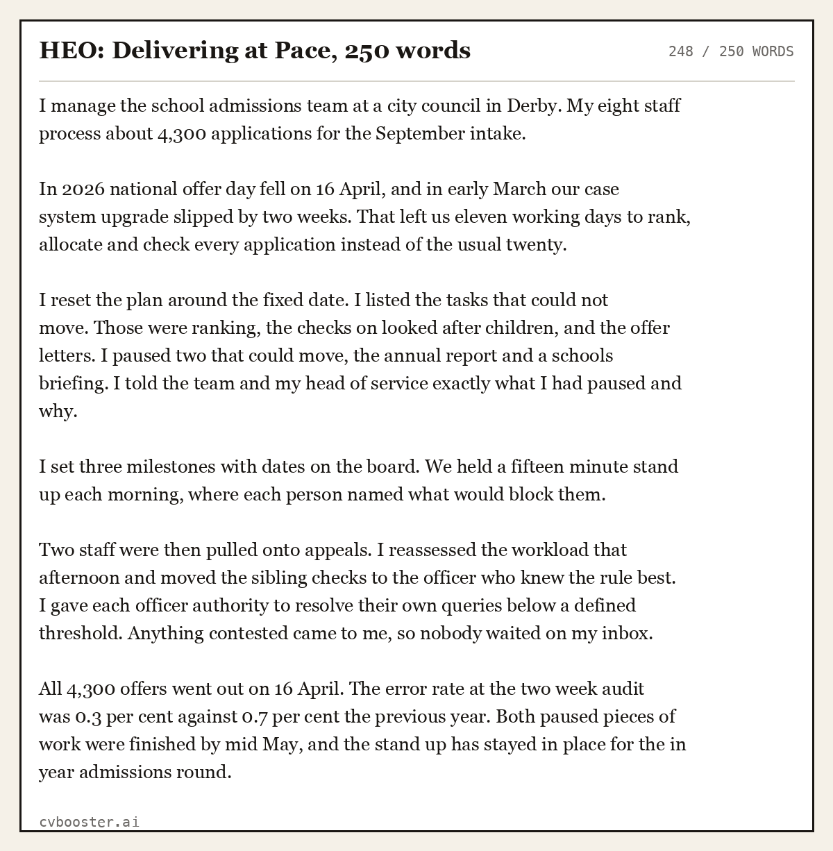 Complete HEO: Delivering at Pace example, 248 words, laid out as it would sit in the application form