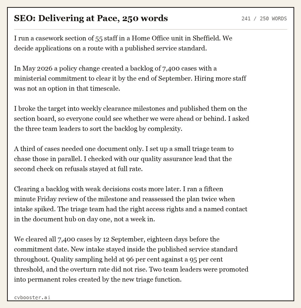 Complete SEO: Delivering at Pace example, 241 words, laid out as it would sit in the application form