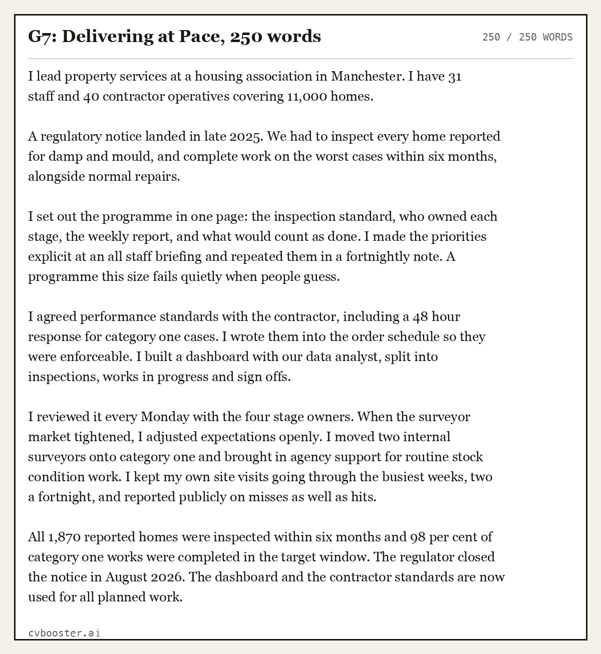 Complete G7: Delivering at Pace example, 250 words, laid out as it would sit in the application form