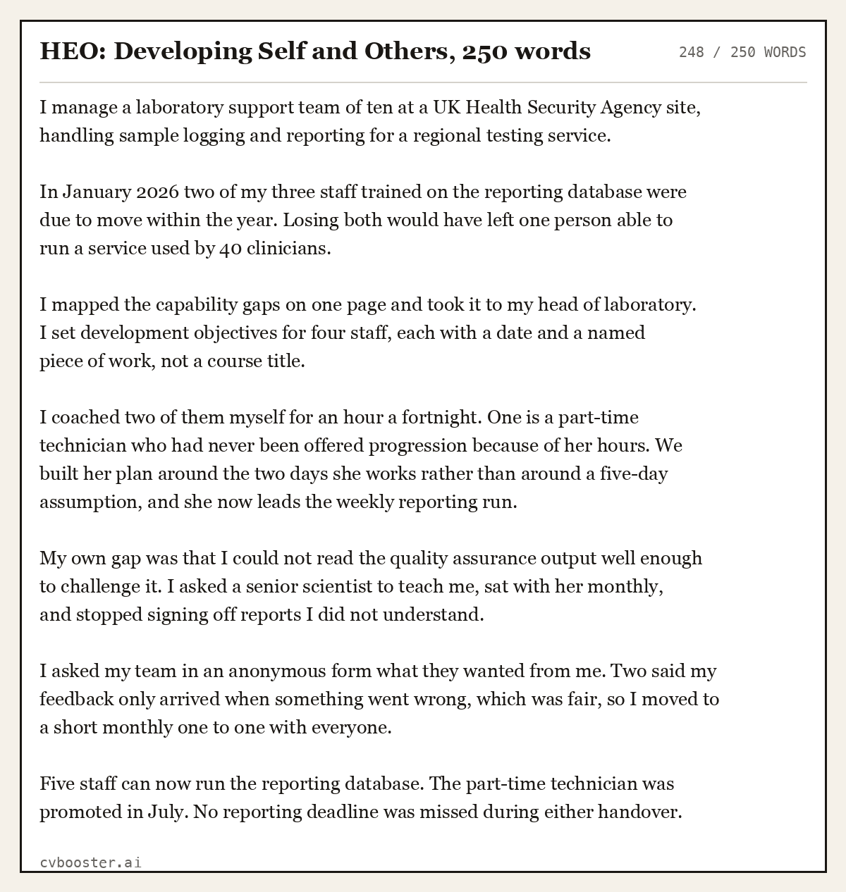Complete HEO: Developing Self and Others example, 248 words, laid out as it would sit in the application form
