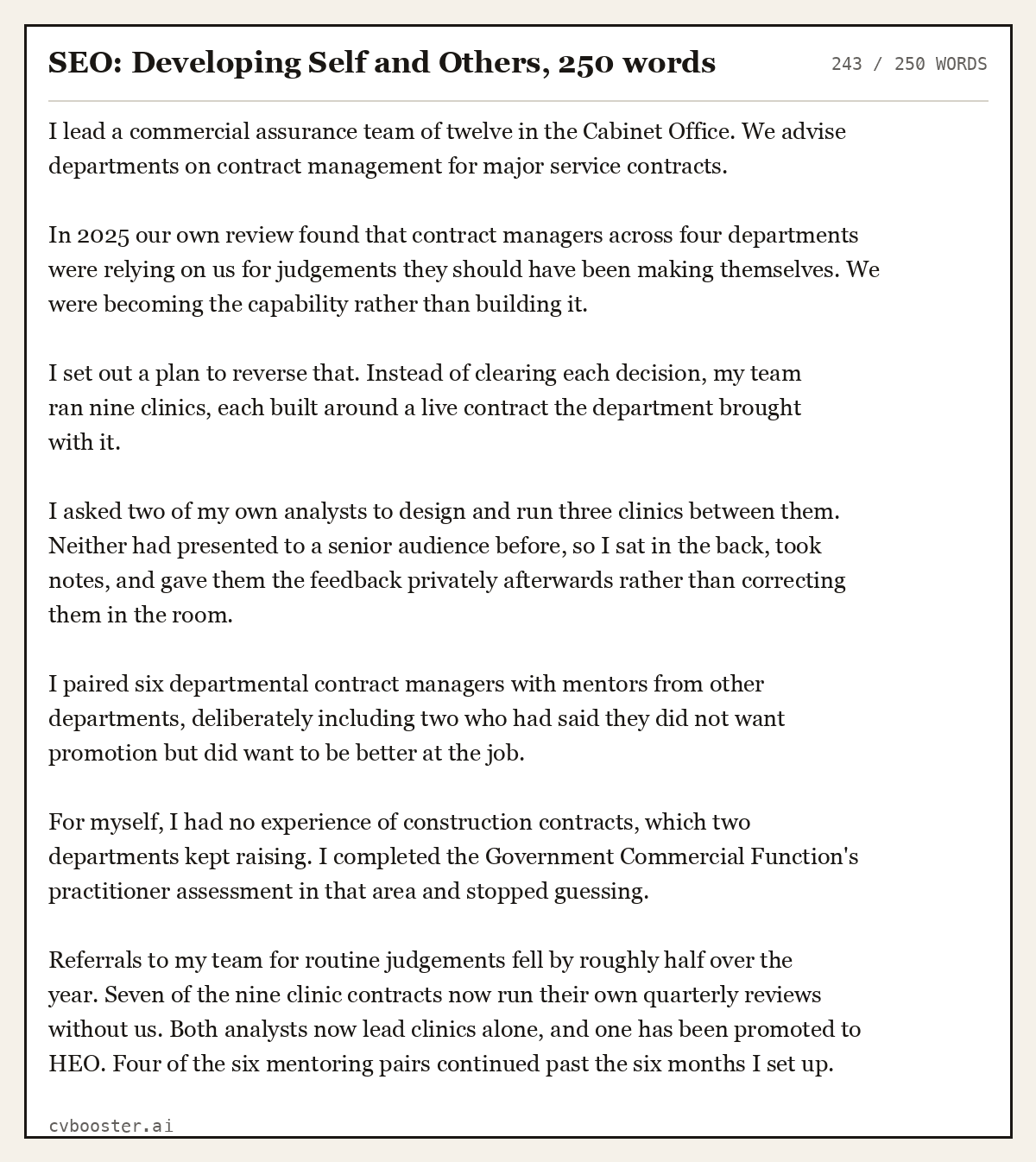 Complete SEO: Developing Self and Others example, 243 words, laid out as it would sit in the application form