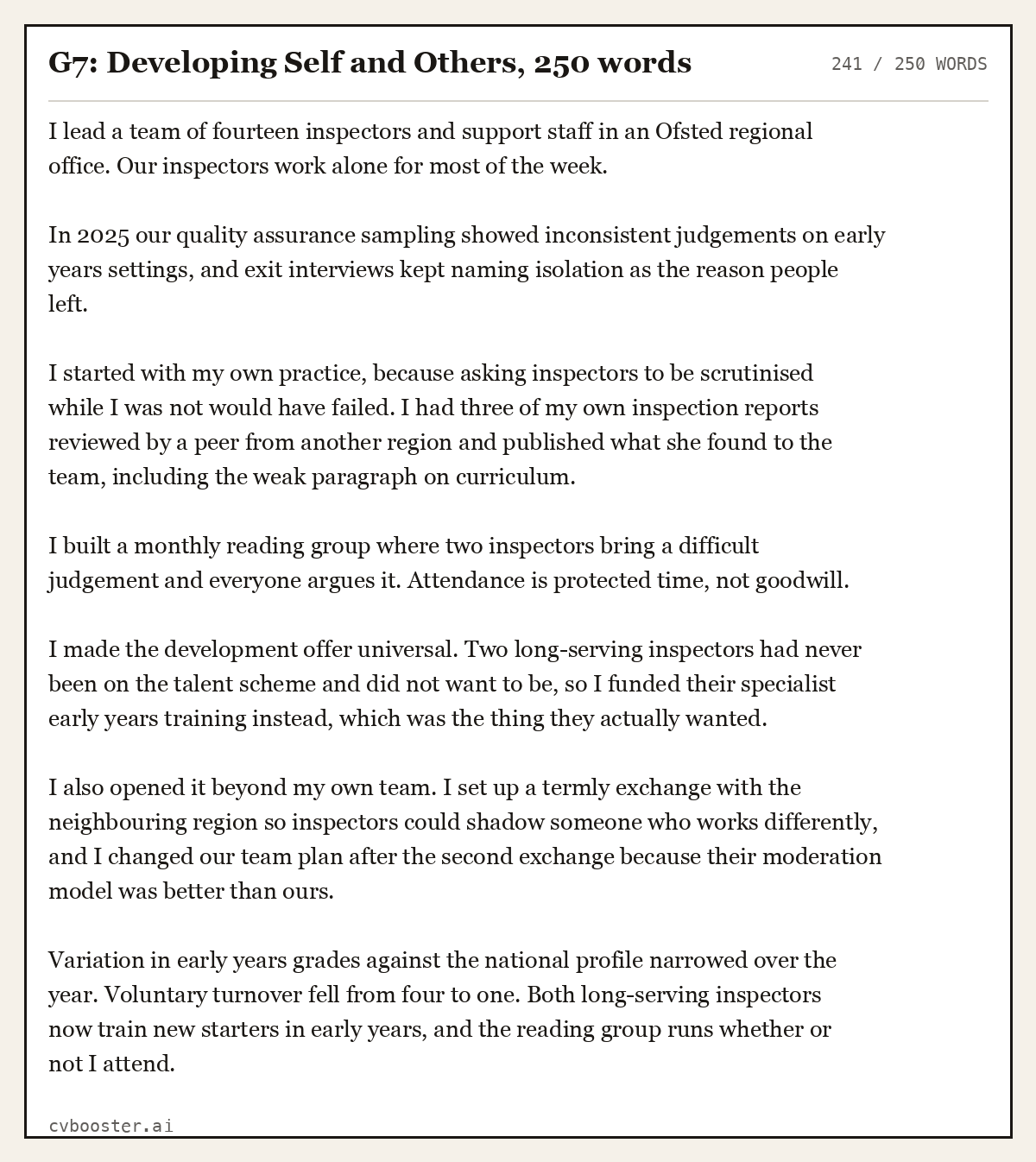 Complete G7: Developing Self and Others example, 241 words, laid out as it would sit in the application form