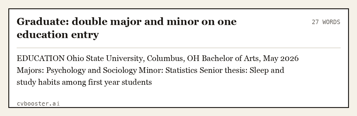 Complete Graduate: double major and minor on one education entry example, 27 words, laid out as it would sit in the application form