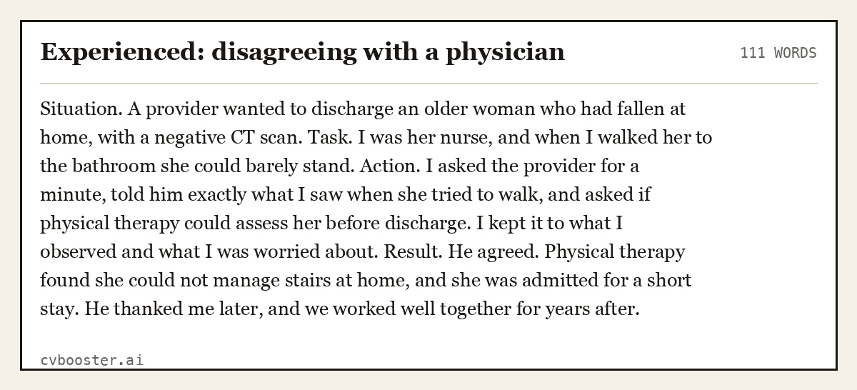 Complete Experienced: disagreeing with a physician example, 111 words, laid out as it would sit in the application form