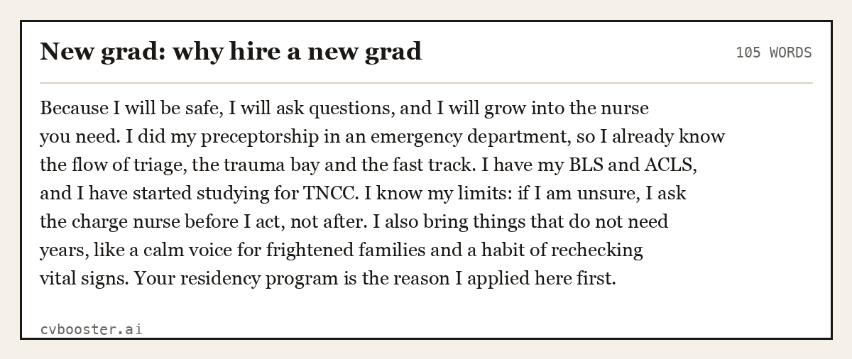 Complete New grad: why hire a new grad example, 105 words, laid out as it would sit in the application form