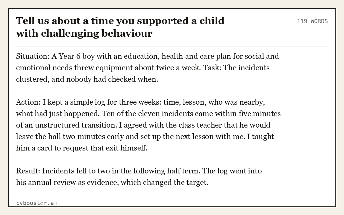 Full interview answer to "Tell us about a time you supported a child with challenging behaviour", 119 words, labelled Situation, Task, Action, Result