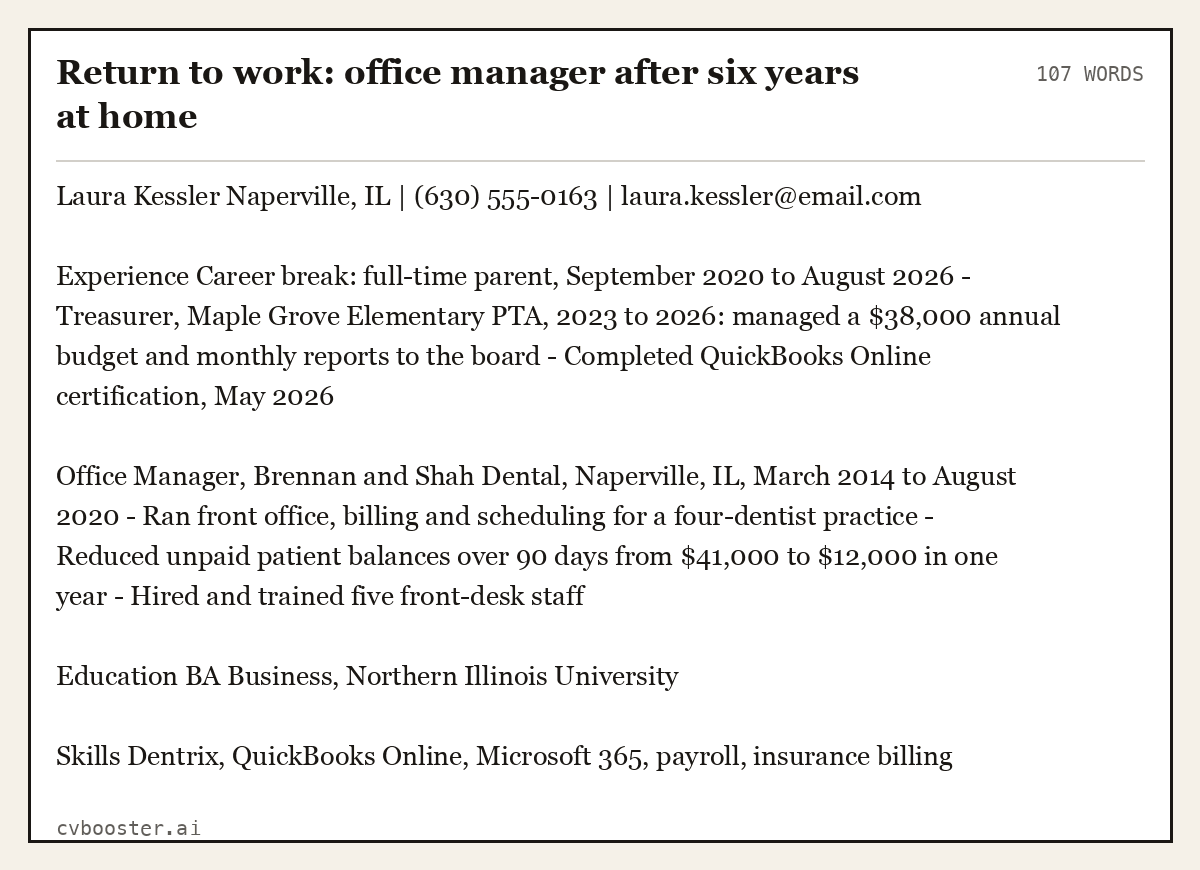 Complete Return to work: office manager after six years at home example, 107 words, laid out as it would sit in the application form