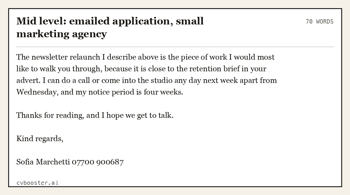 Complete Mid level: emailed application, small marketing agency example, 70 words, laid out as it would sit in the application form
