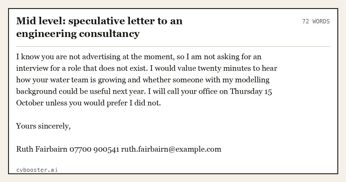 Complete Mid level: speculative letter to an engineering consultancy example, 72 words, laid out as it would sit in the application form