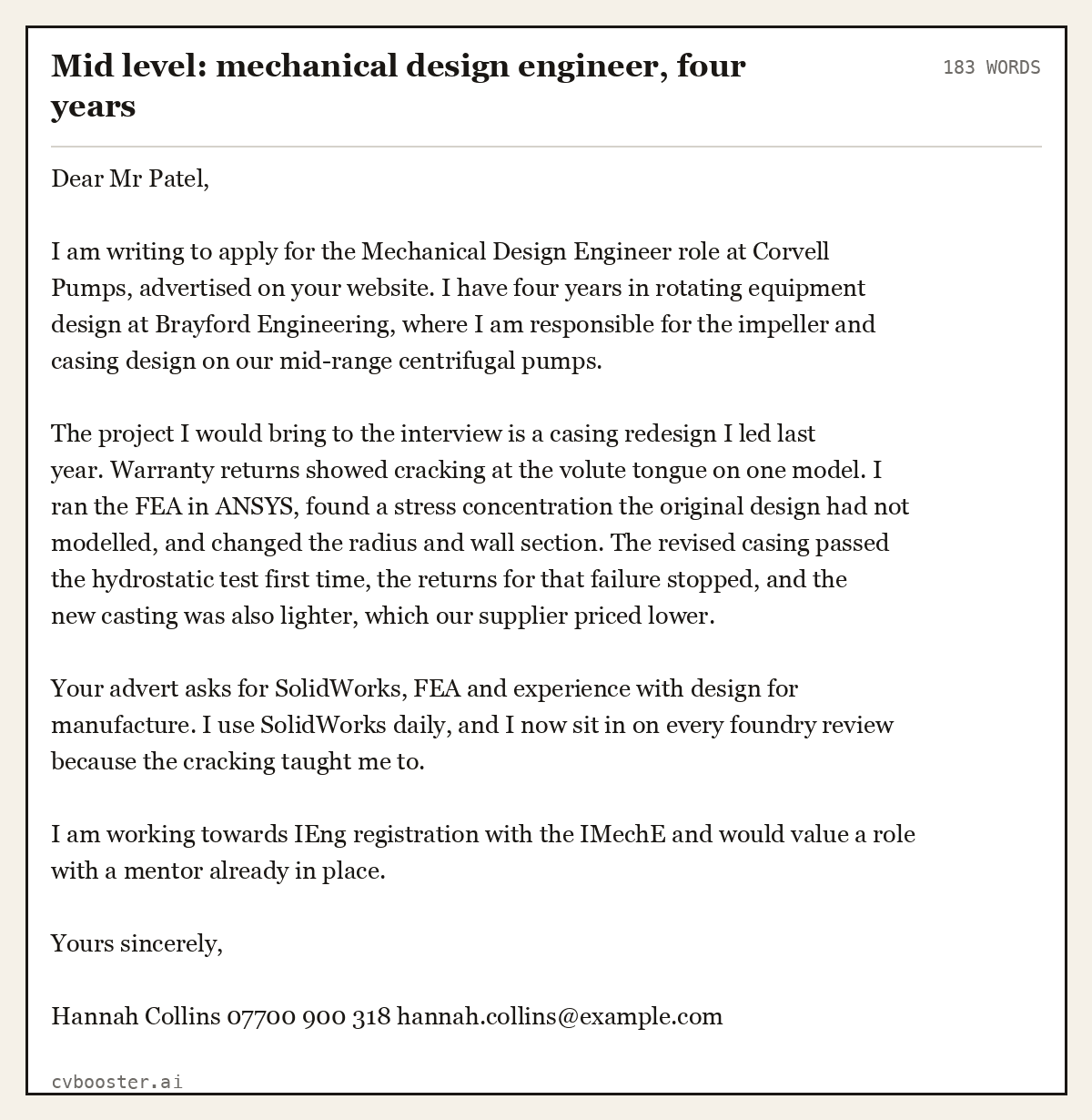Complete Mid level: mechanical design engineer, four years example, 183 words, laid out as it would sit in the application form