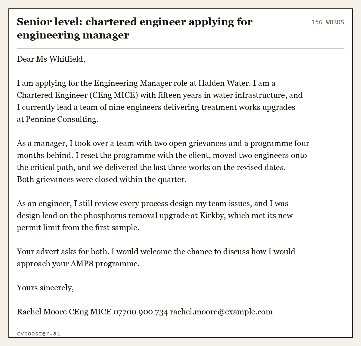Complete Senior level: chartered engineer applying for engineering manager example, 156 words, laid out as it would sit in the application form