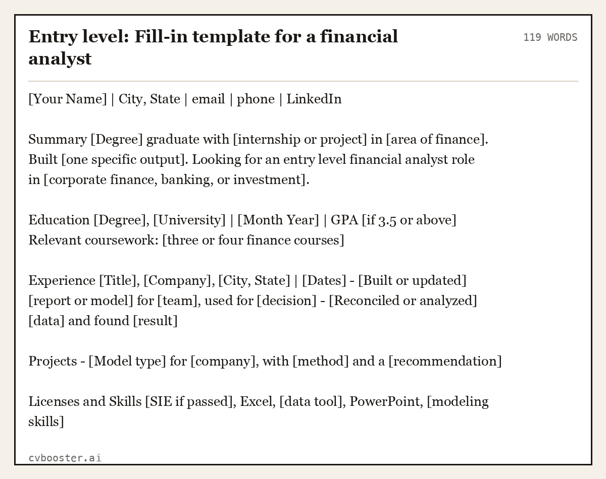 Complete Entry level: Fill-in template for a financial analyst example, 119 words, laid out as it would sit in the application form