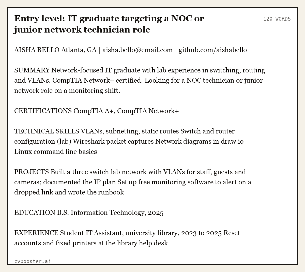 Complete Entry level: IT graduate targeting a NOC or junior network technician role example, 120 words, laid out as it would sit in the application form