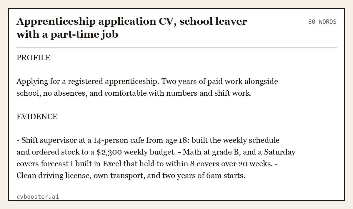 Complete Apprenticeship application CV, school leaver with a part-time job example, 80 words, laid out as it would sit in the application form