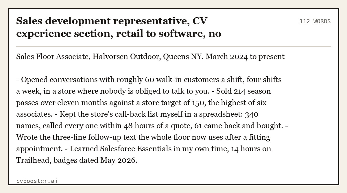 Complete Sales development representative, CV experience section, retail to software, no degree example, 112 words, laid out as it would sit in the application form