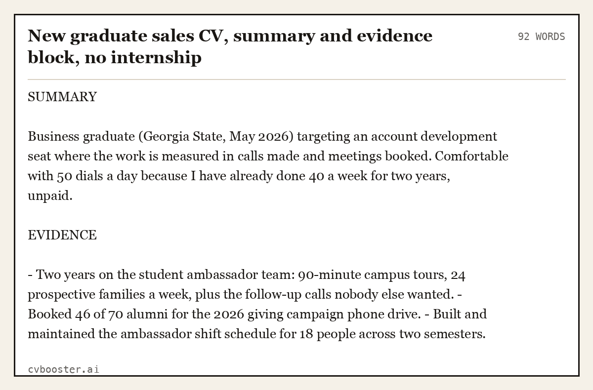 Complete New graduate sales CV, summary and evidence block, no internship example, 92 words, laid out as it would sit in the application form