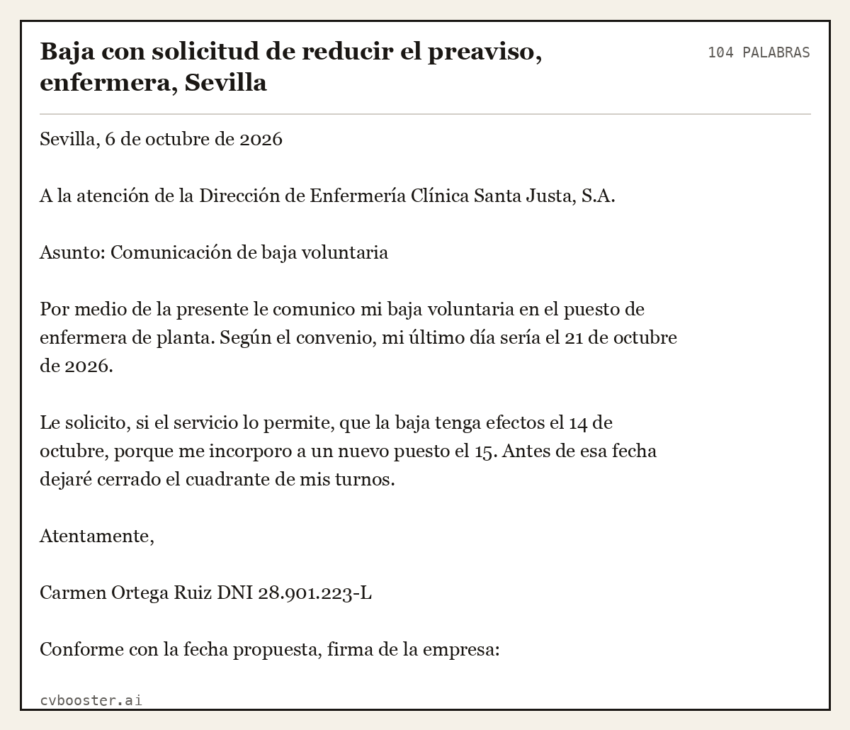 Ejemplo completo: Baja con solicitud de reducir el preaviso, enfermera, Sevilla, 104 palabras