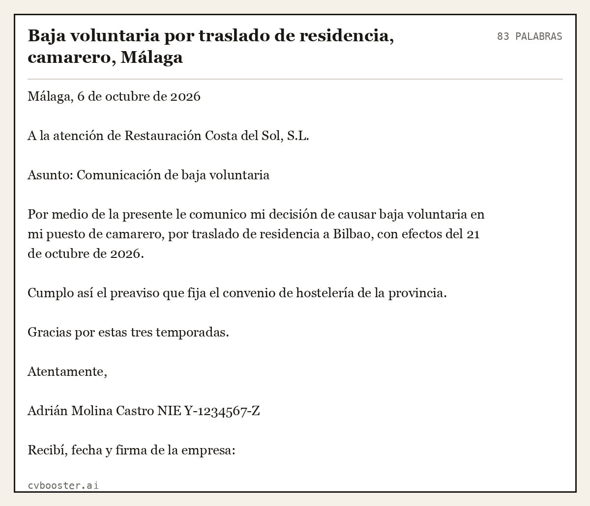 Ejemplo completo: Baja voluntaria por traslado de residencia, camarero, Málaga, 83 palabras