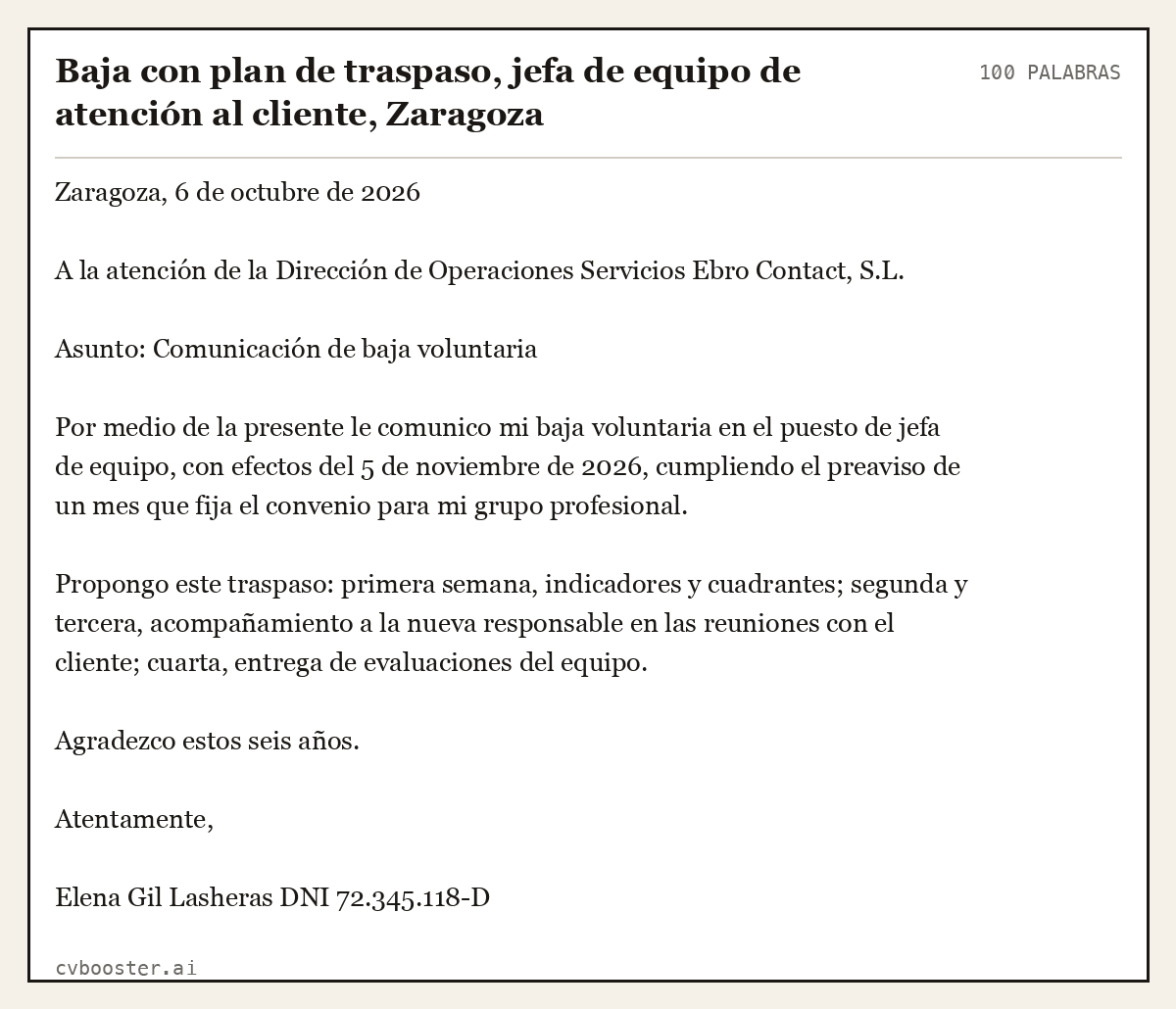 Ejemplo completo: Baja con plan de traspaso, jefa de equipo de atención al cliente, Zaragoza, 100 palabras