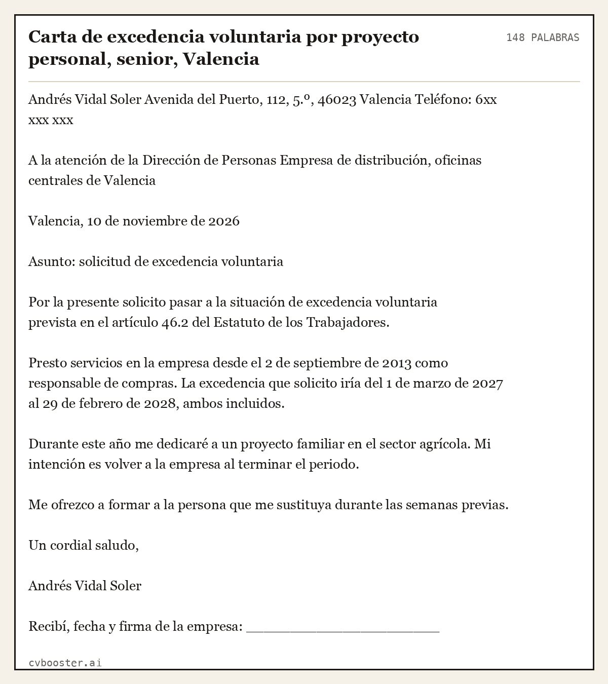 Ejemplo completo: Carta de excedencia voluntaria por proyecto personal, senior, Valencia, 148 palabras