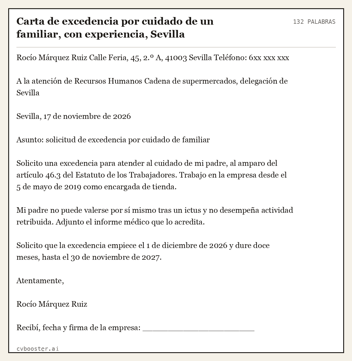 Ejemplo completo: Carta de excedencia por cuidado de un familiar, con experiencia, Sevilla, 132 palabras
