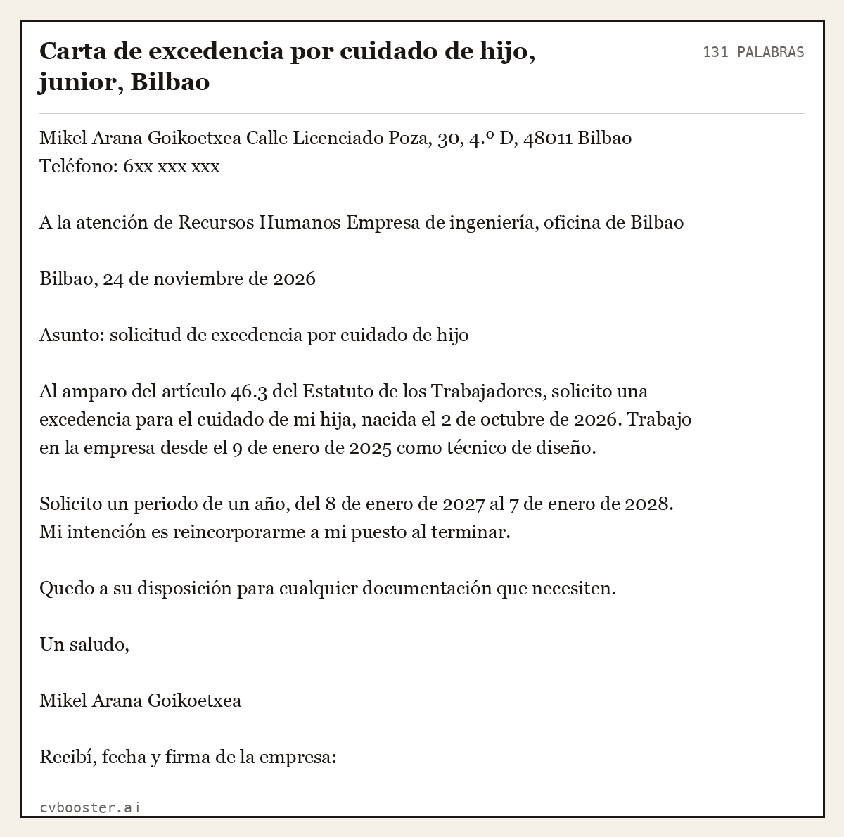 Ejemplo completo: Carta de excedencia por cuidado de hijo, junior, Bilbao, 131 palabras