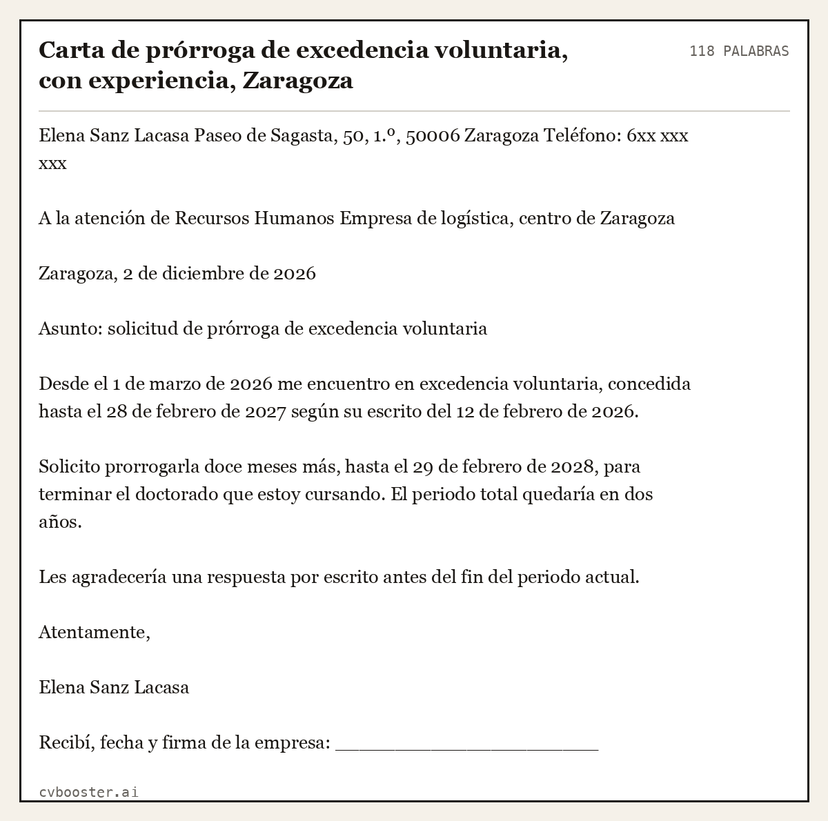 Ejemplo completo: Carta de prórroga de excedencia voluntaria, con experiencia, Zaragoza, 118 palabras