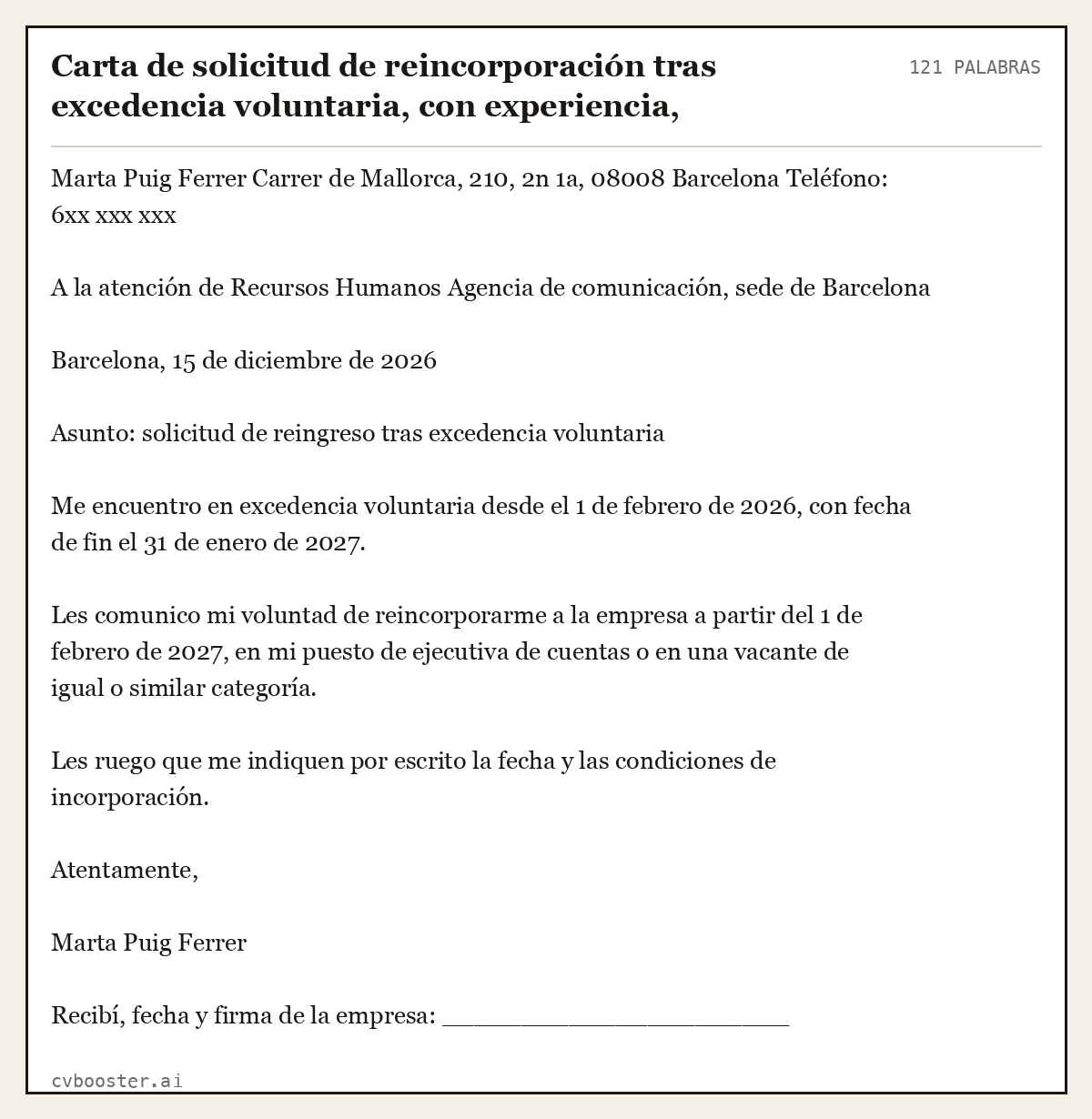 Ejemplo completo: Carta de solicitud de reincorporación tras excedencia voluntaria, con experiencia, Barcelona, 121 palabras